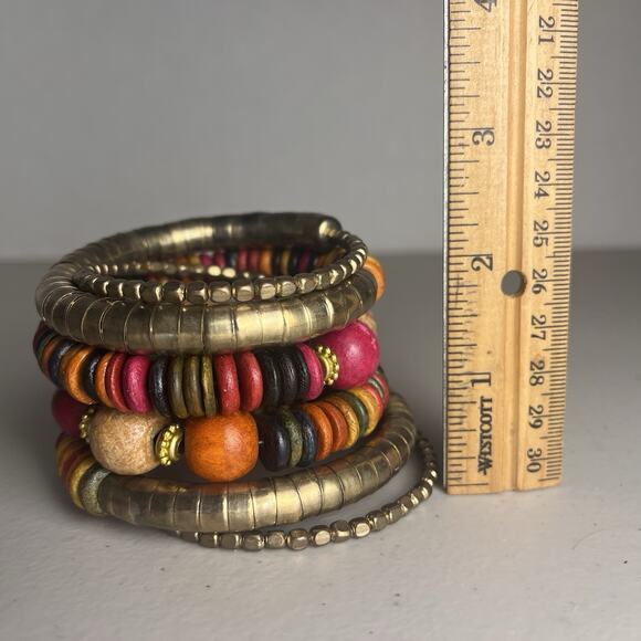 Vintage Wooden Wood Bead Coil Wrap Bracelet Brass Tone Stacking Beaded Bangle - Picture 6 of 13